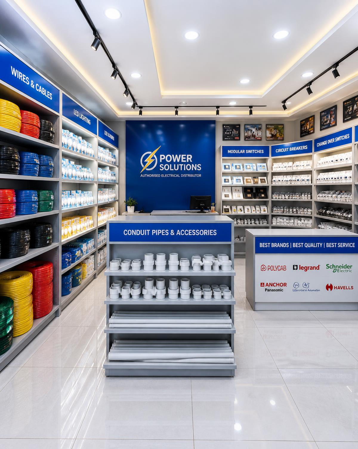 Well-stocked O M Newpoint electrical store showroom with neatly arranged cables, switches and bulbs
